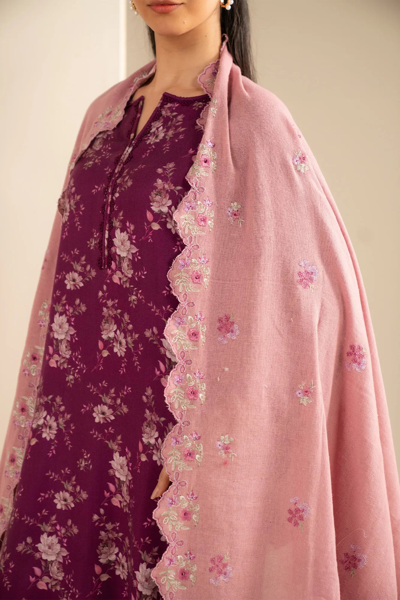 Marina fabric ethnic suit in deep berry floral print, paired with light pink embroidered scallop border dupatta