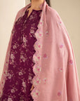 Marina fabric ethnic suit in deep berry floral print, paired with light pink embroidered scallop border dupatta
