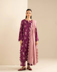 Marina fabric purple floral printed kurta set with matching trousers and blush pink scalloped dupatta.