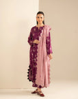 Marina fabric traditional outfit featuring magenta-purple printed kurta set and blush pink scalloped dupatta drape.