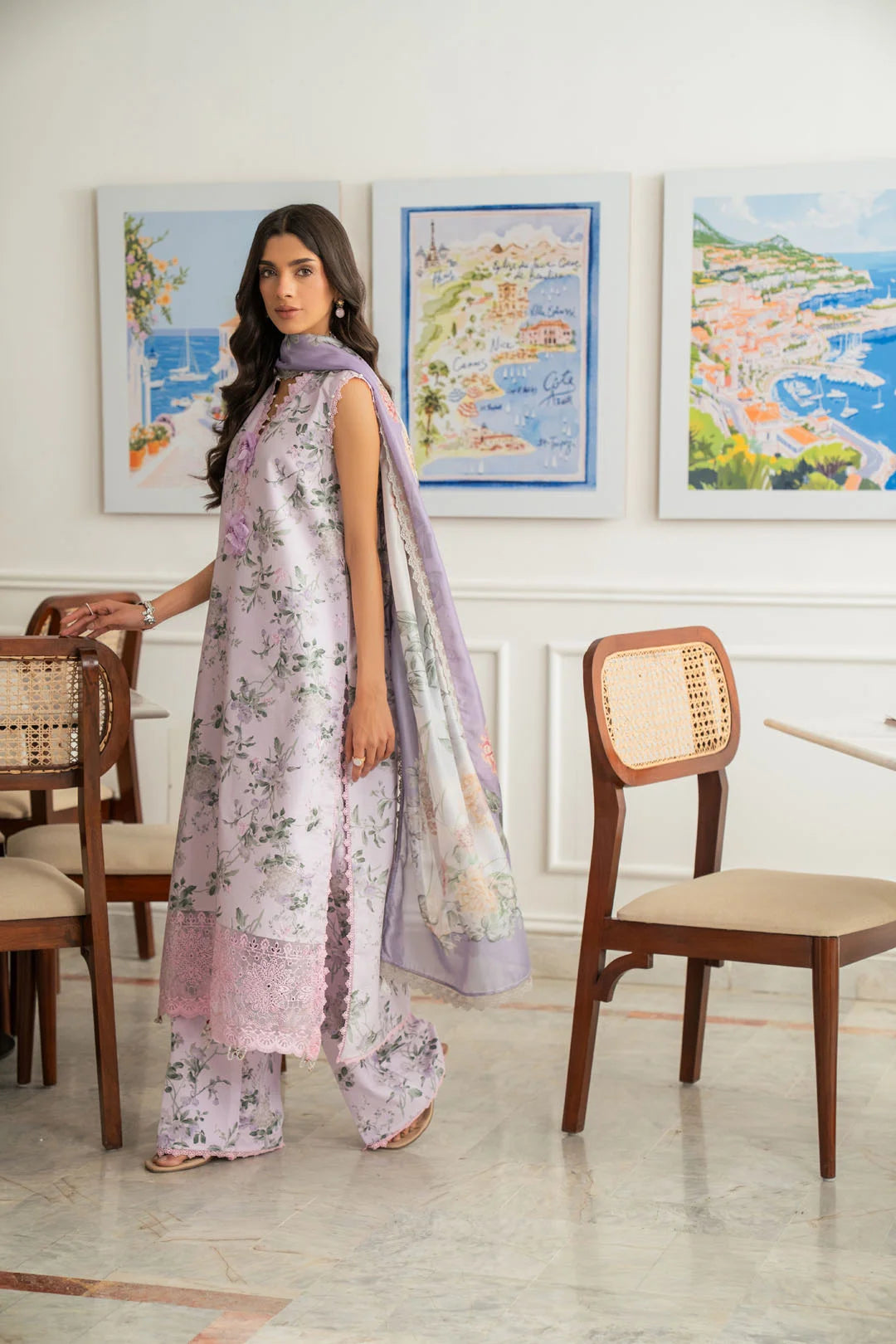Matching printed trouser lace hem 3 piece unstitched light purple lawn suit Pakistan Beyond East 2026