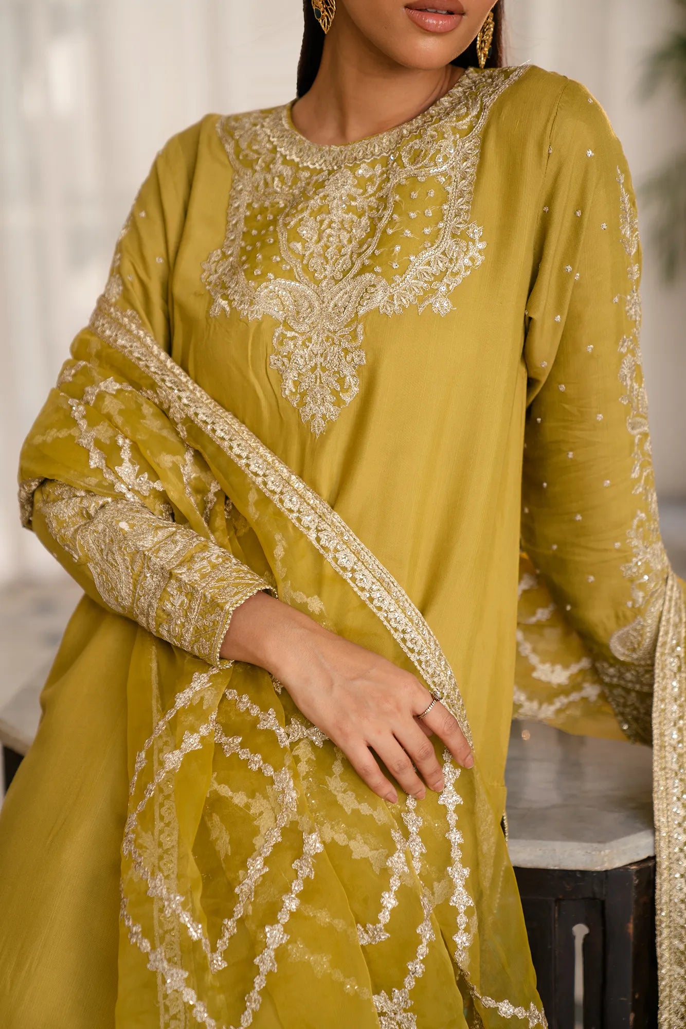 Mehndi bridal suit lime - raw silk 3 piece suit with gold neckline embroidery and dupatta