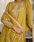 Mehndi bridal suit lime - raw silk 3 piece suit with gold neckline embroidery and dupatta