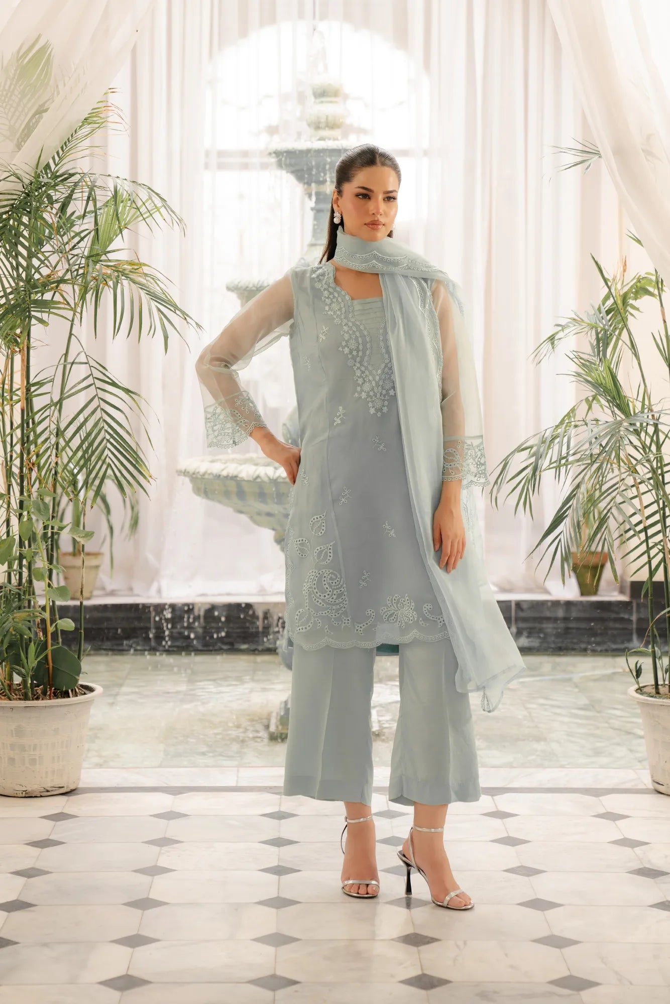 Mint organza dresses with embroidery - elegant 3 piece Pakistani suit with flowing dupatta