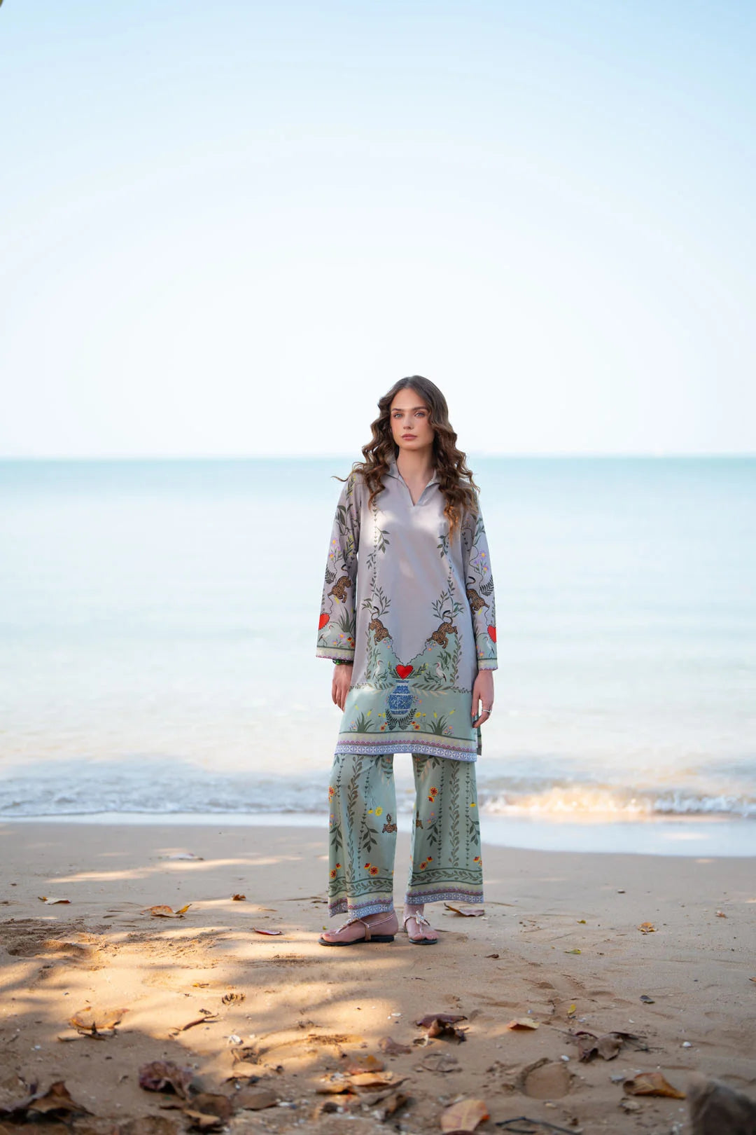 Misty grey botanical printed lawn co-ord set for women