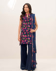 Model wearing blue printed linen 3 piece suit with matching printed dupatta, full front view in studio.