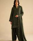 Model wearing deep green solid embroidered linen 3 piece suit with matching dupatta, full front view in studio.