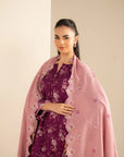 Model wearing marina fabric plum printed long kurta and pants, styled with soft pink lace-edge dupatta