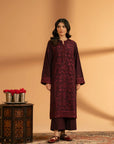 Model wearing maroon embroidered khaddar 2-piece suit full length front view
