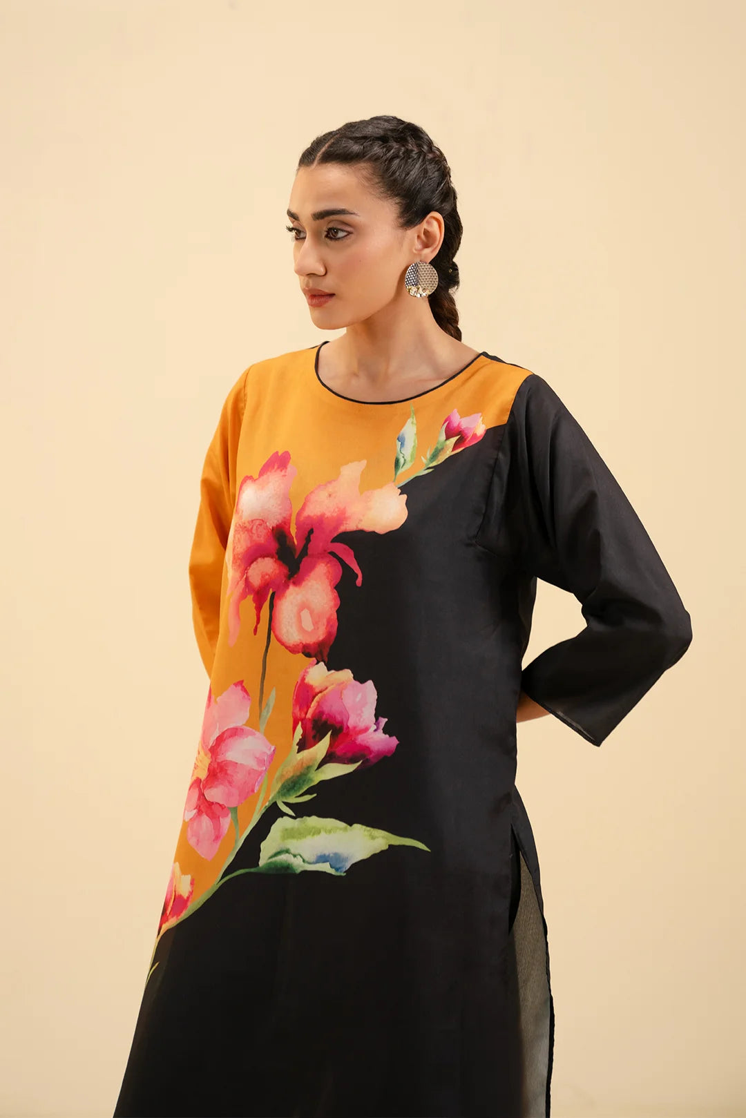 Modern Style Color Block Floral Lawn Shirt