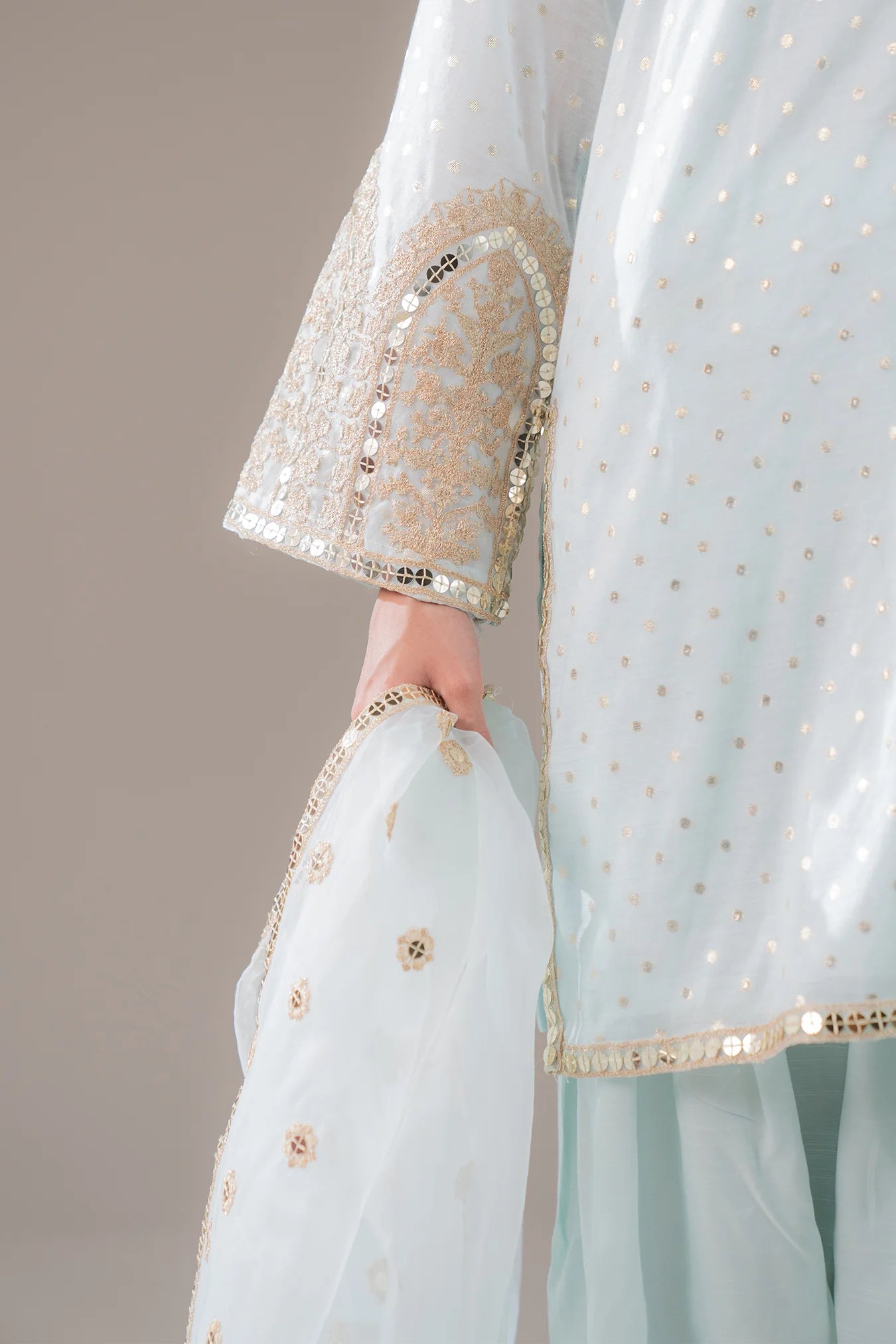 Modest embroidered jamawar suit in pastel blue – full sleeve 3 piece Pakistani formal set with elegant detailing for women’s modest fashion.