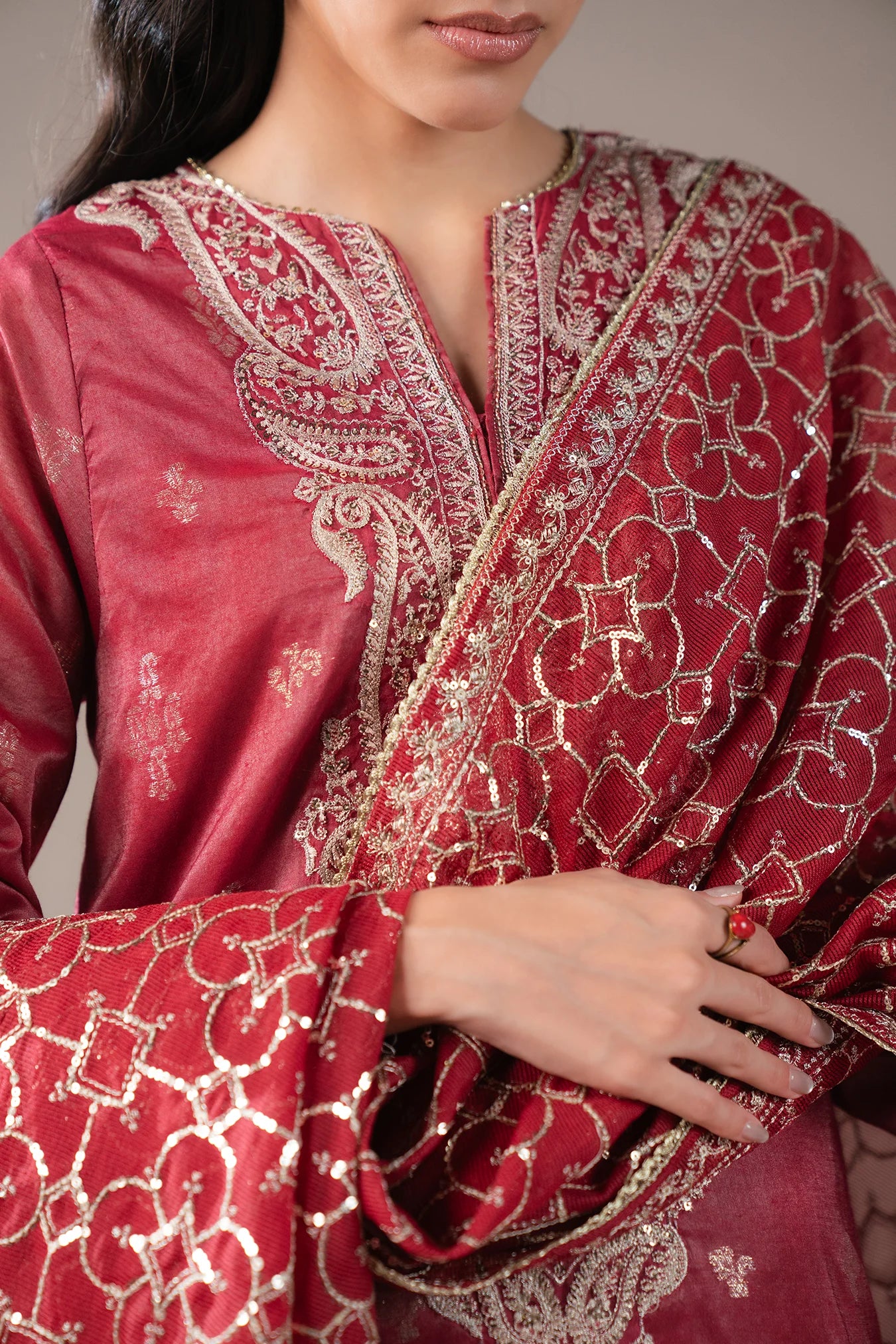 Modest fashion 3 piece jamawar dress for women – embroidered red suit with long shirt, loose trousers, and sheer dupatta for formal occasions.
