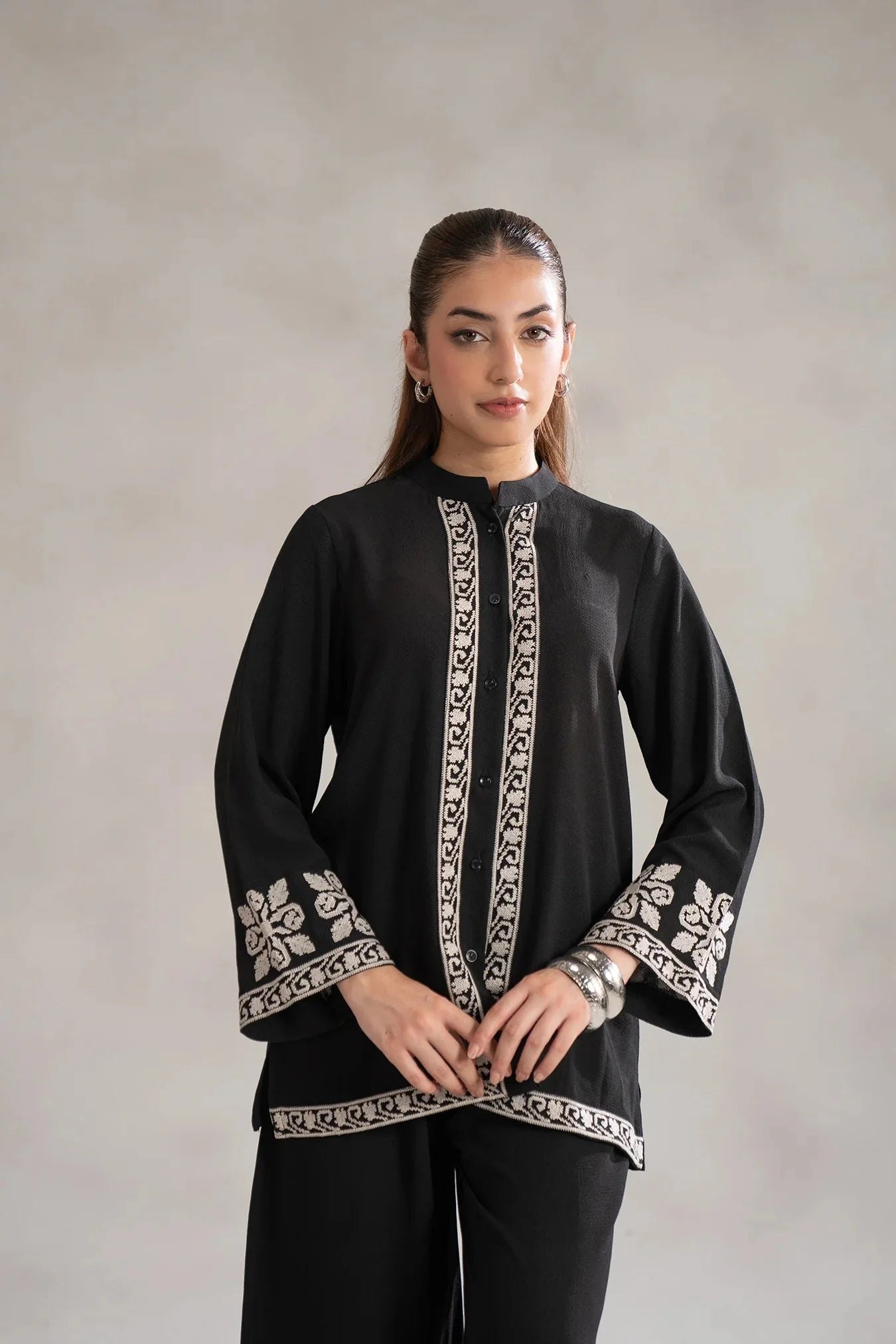 Monochrome embroidered blended suit in black/white - 2 piece ready wear Pakistani formal clothing