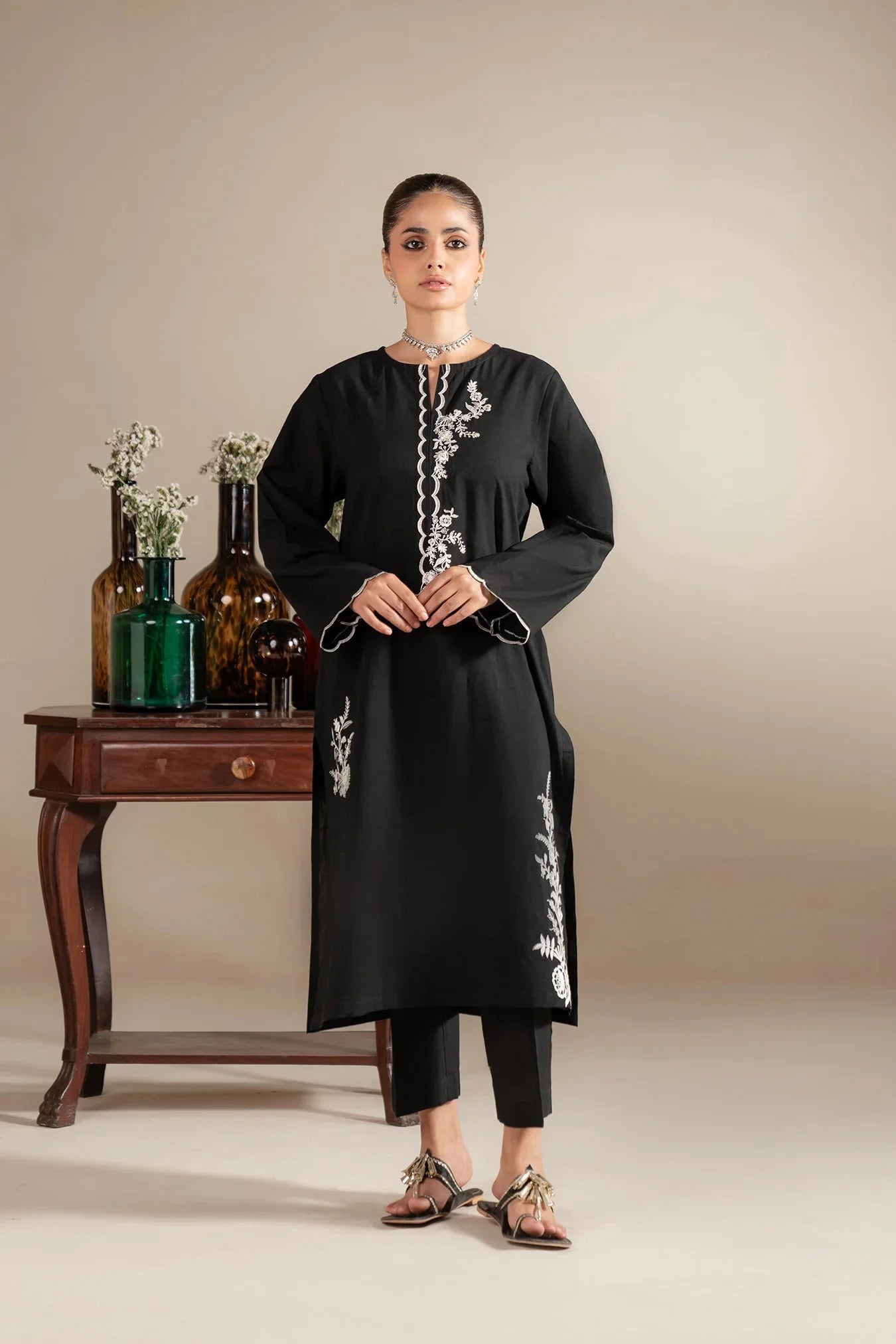 Monochrome embroidered lawn dress suit - black and white Pakistani formal wear with intricate needlework