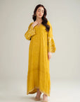 Mustard embroidered raw silk kaftan for women in a full-length front view