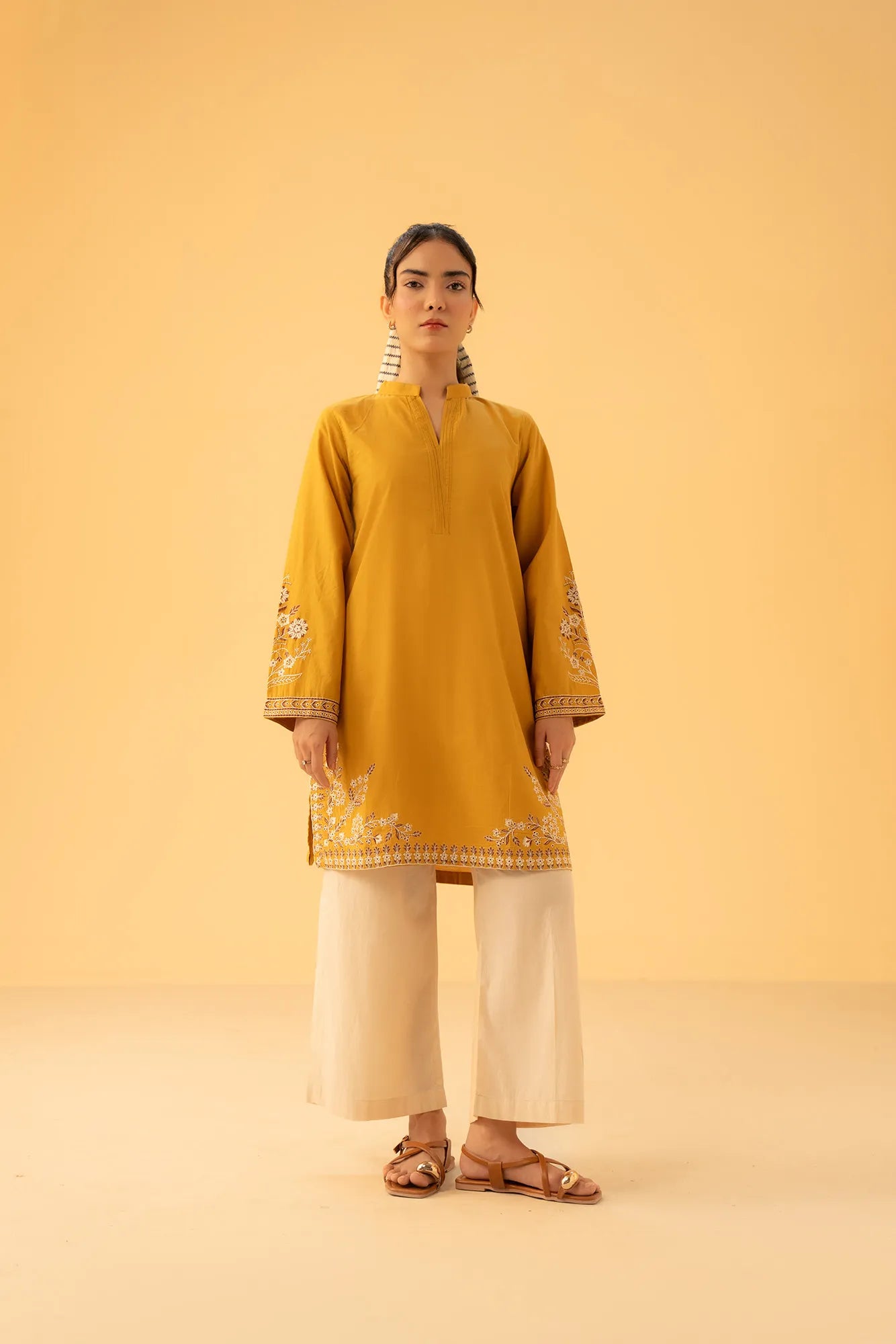Mustard embroidered shirt design for women – stylish casual wear kurti 2025