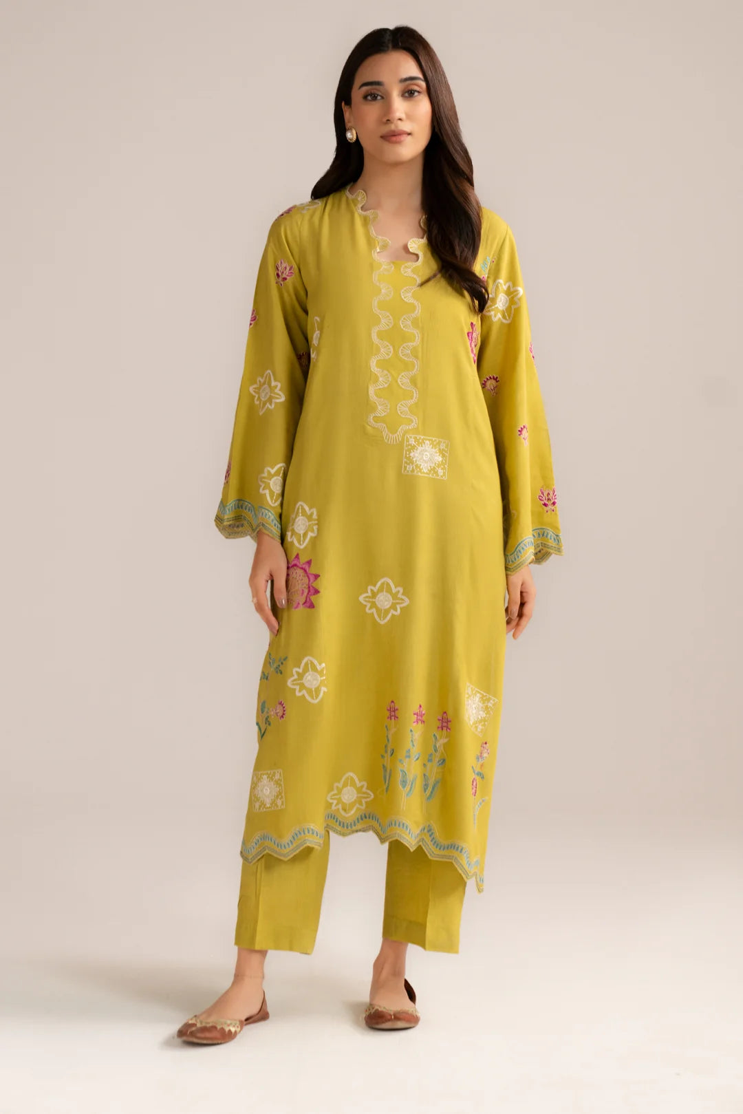 Mustard yellow 2 piece embroidered linen suit women Beyond East Pakistan