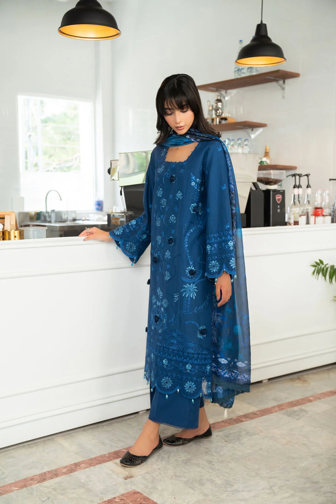 Navy blue 3 piece unstitched lawn suit side view all over embroidery summer Pakistan Meher Vol 2 2026