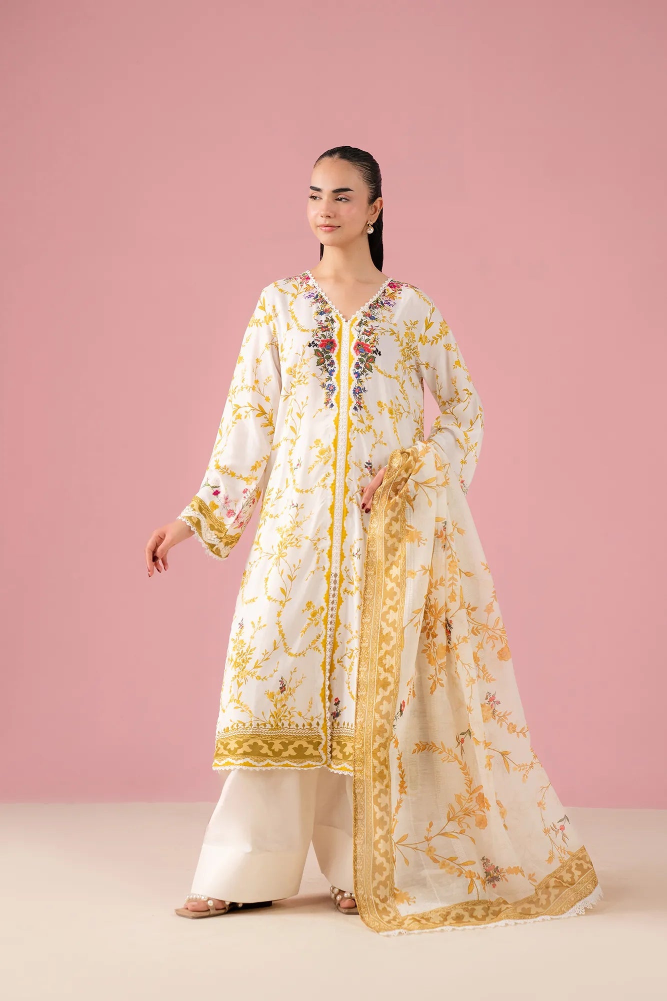 Off white 2 piece embroidered lawn suit with digital printed linen shirt and doriya dupatta, perfect for stylish women in Defence Hyderabad