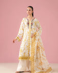 Off white 2 piece embroidered lawn suit with digital printed linen shirt and doriya dupatta, perfect for stylish women in Defence Hyderabad