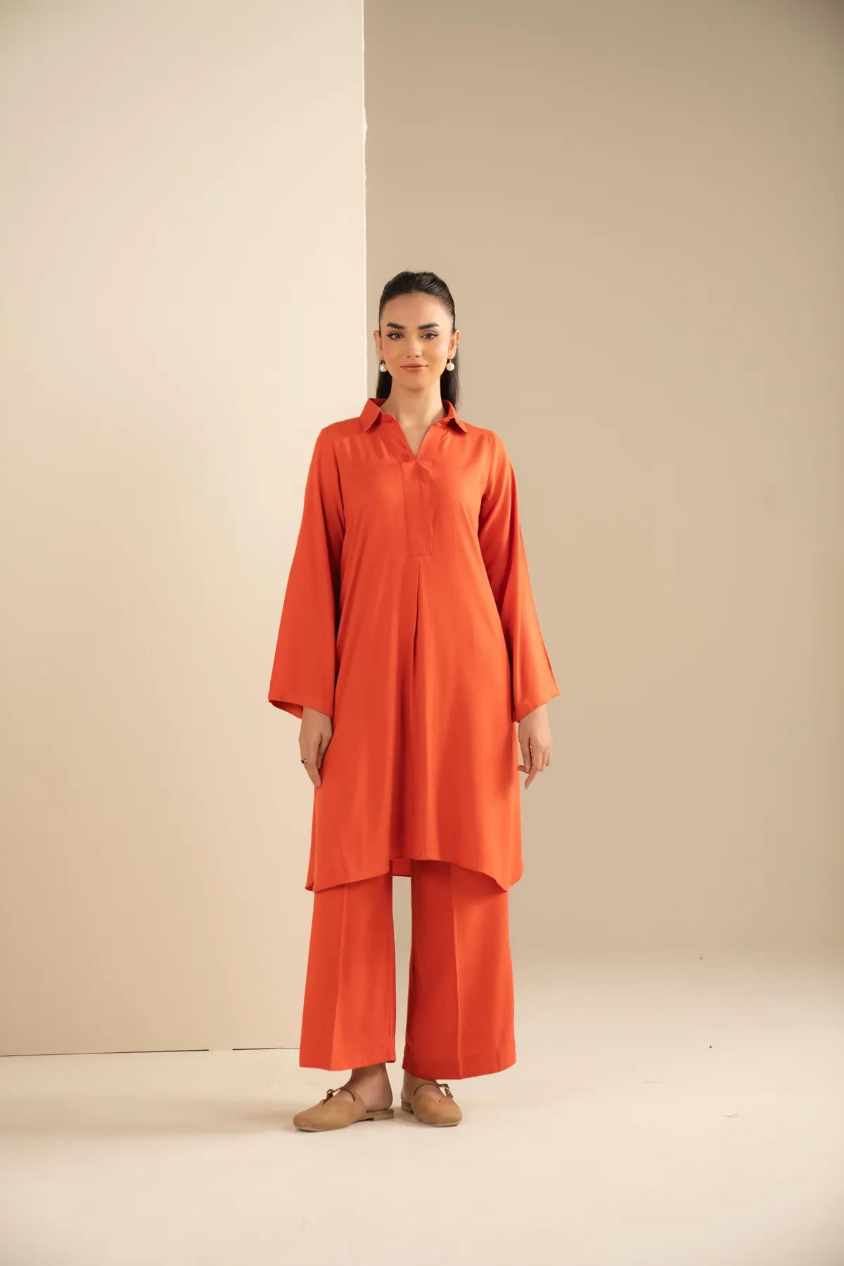 Orange solid 2 piece co-ord set with long shirt and trousers