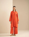 Orange solid 2 piece co-ord set with long shirt and trousers