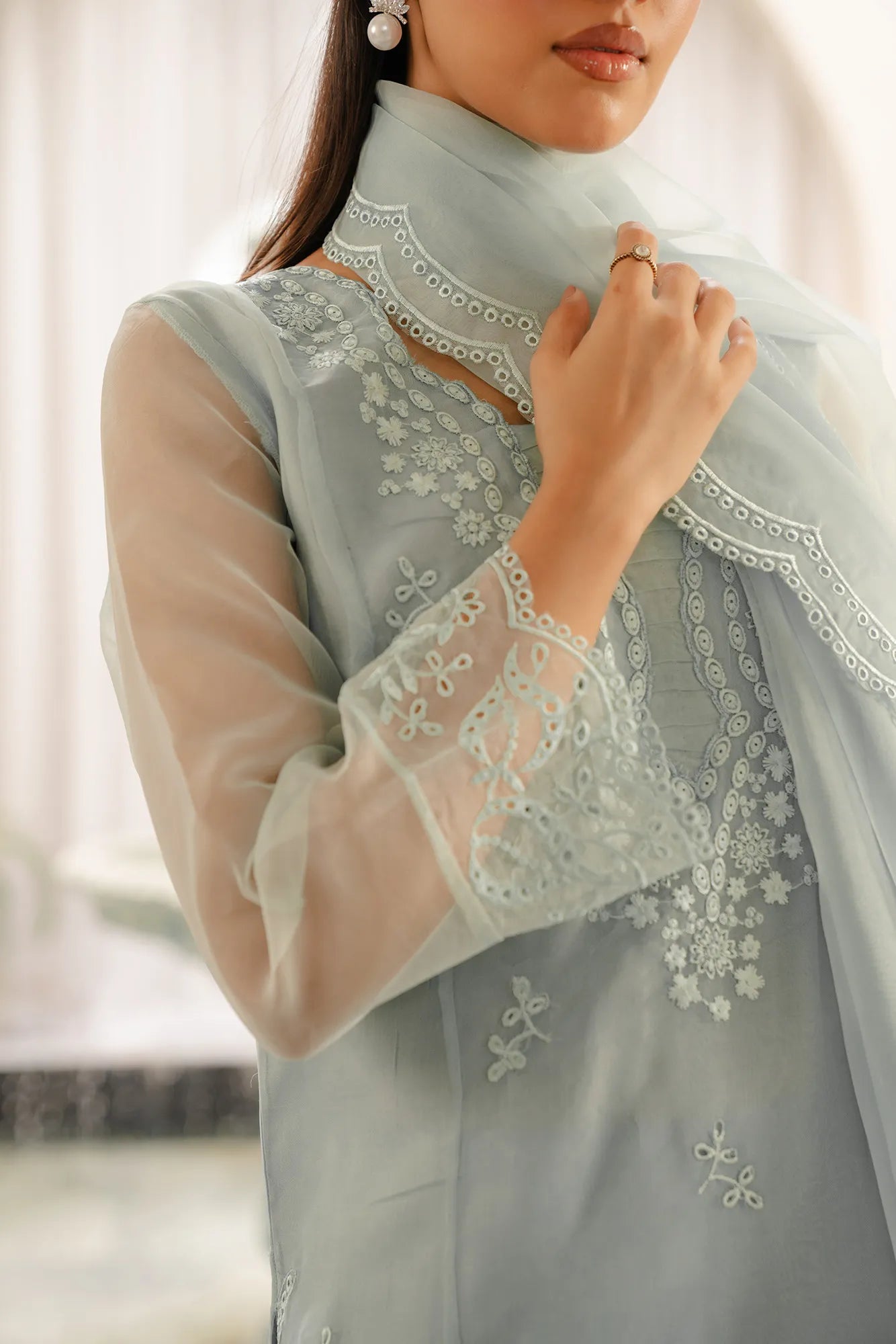 Organza dresses light green - embroidered 3 piece formal suit with transparent dupatta