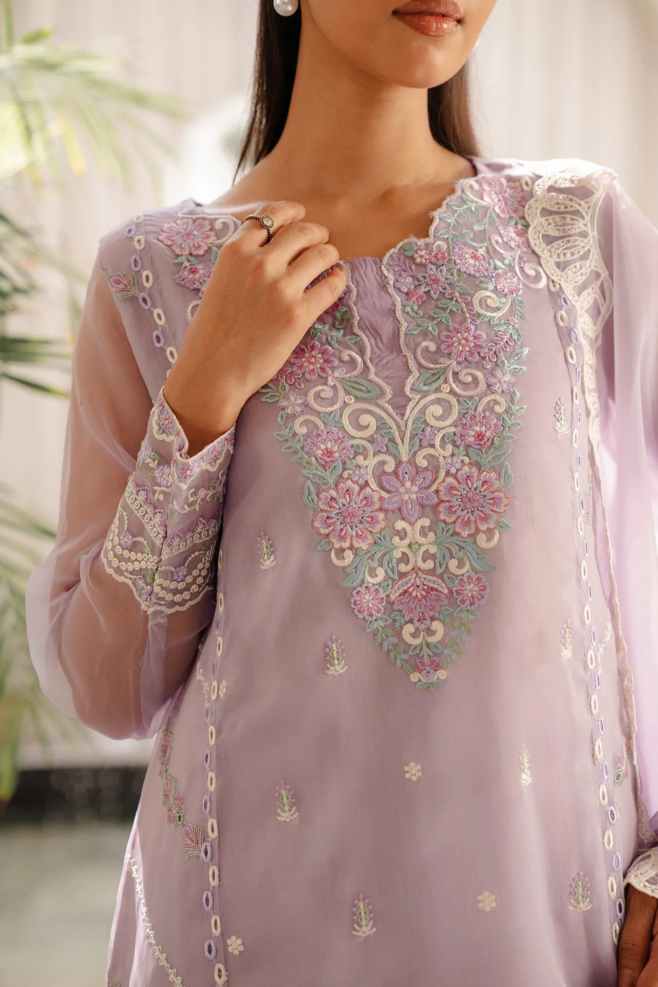Organza suit light purple - dreamy 3 piece embroidered set with matching pants and dupatta