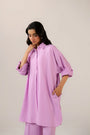 Oversized solid pink shirt for women - loose fitting blended cotton button up blouse