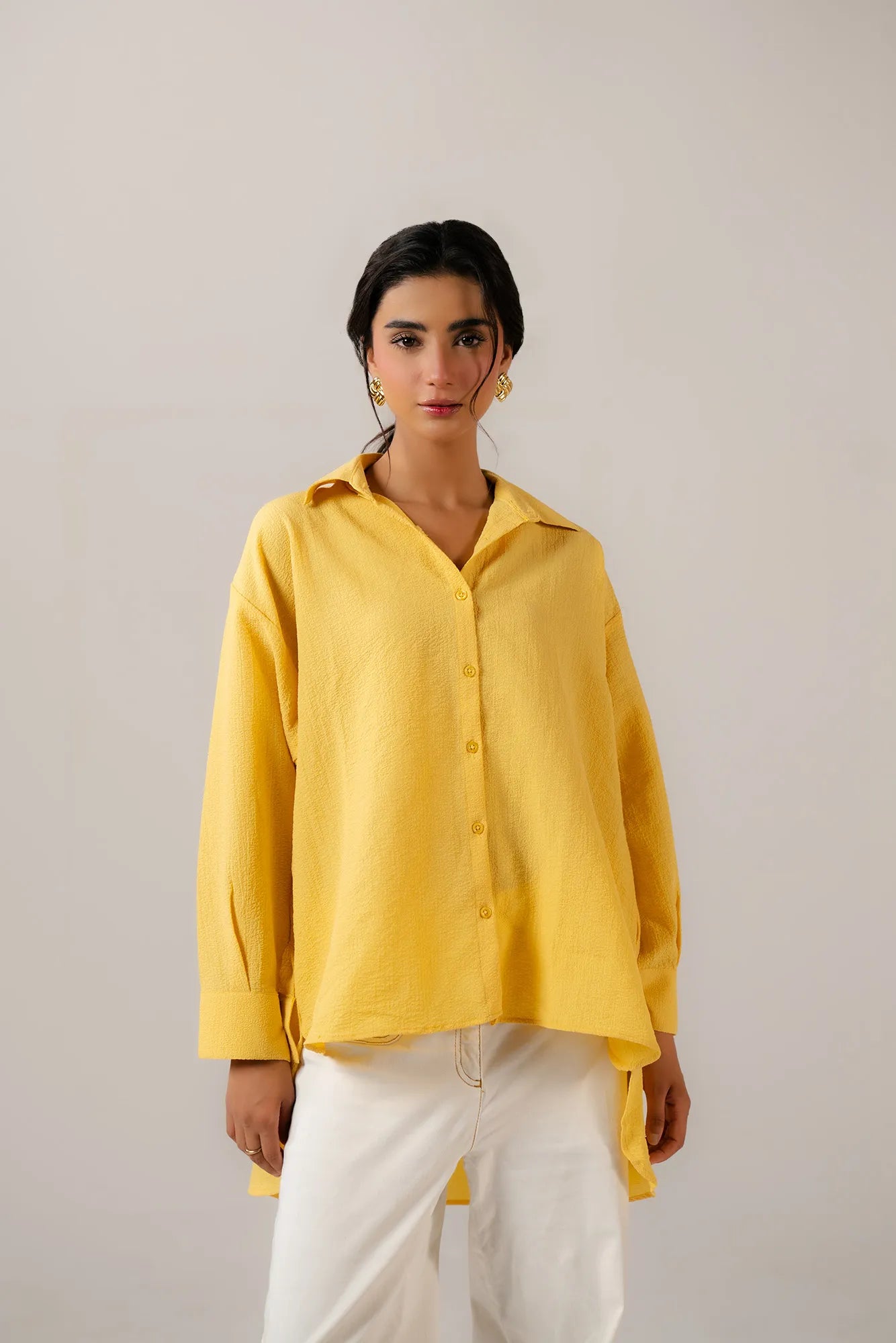 Oversized yellow button-up shirt for women - relaxed fit casual blouse with tie waist detail