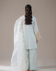 Pakistani 3 piece jamawar dress for women – modern light blue ethnic wear with golden threadwork and sheer dupatta, perfect for parties or cultural events abroad.