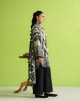 Pakistani linen dress material featuring a digital print shirt, solid trouser, and printed dupatta, ideal for daily wear in Lahore