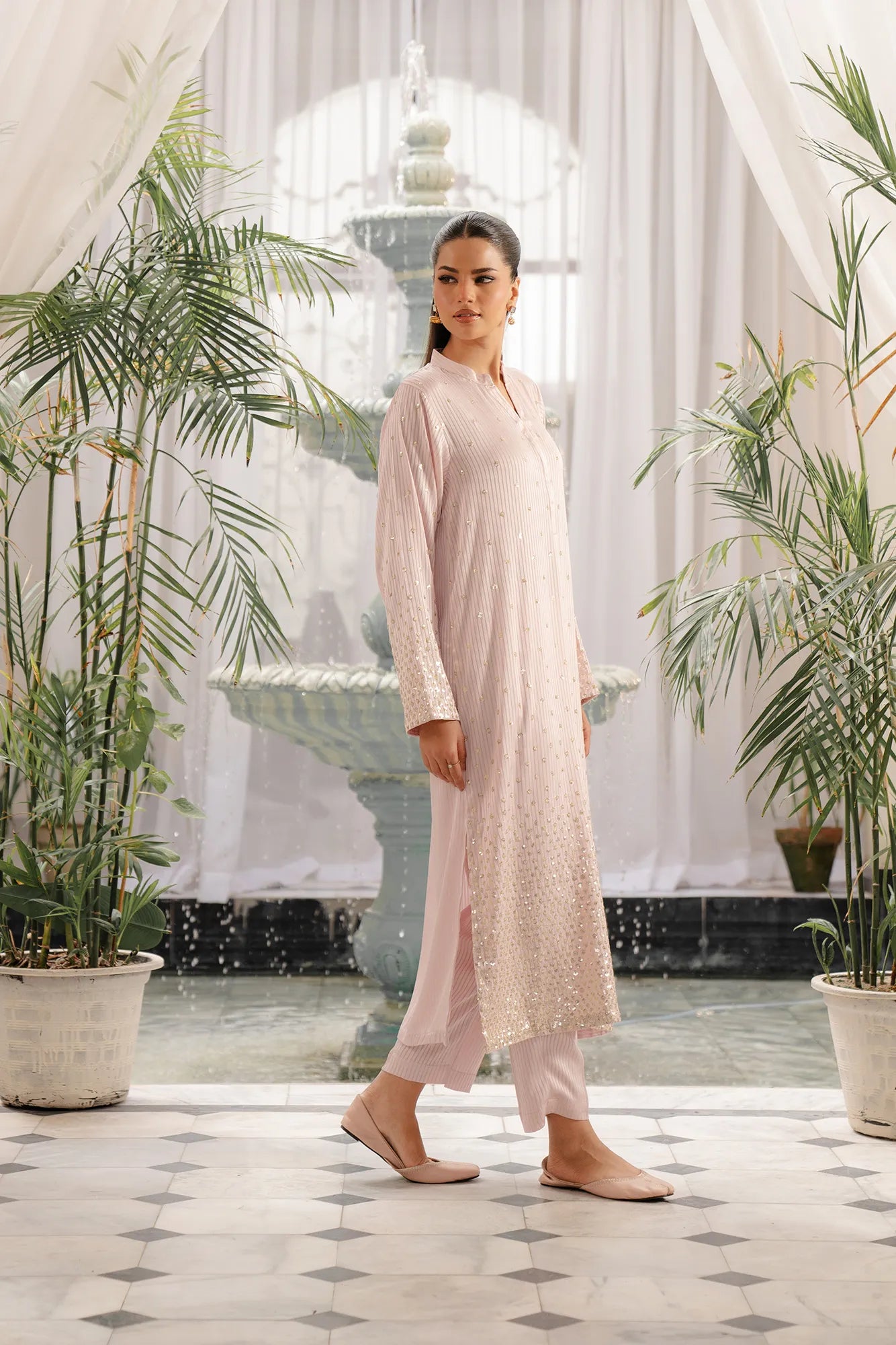 Pakistani long dresses for women - rose pink embellished maxi with traditional embroidery work