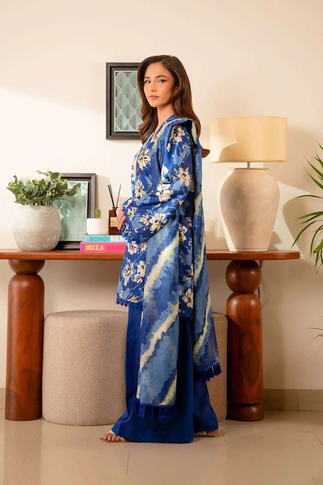 Pakistani summer lawn dress – stylish blue floral printed shirt with a soft tie-dye dupatta.