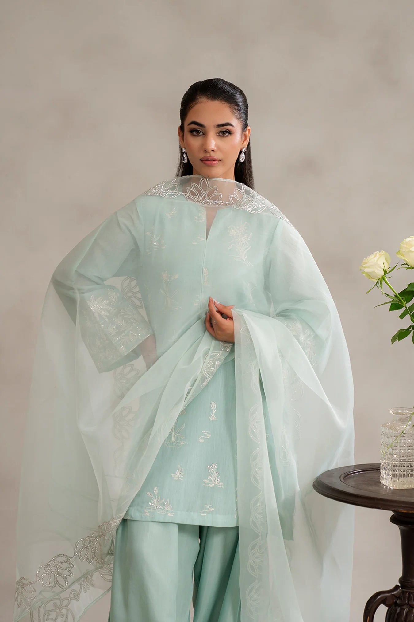 Pastel green raw silk suit with embroidery – explore raw silk suit price in Pakistan