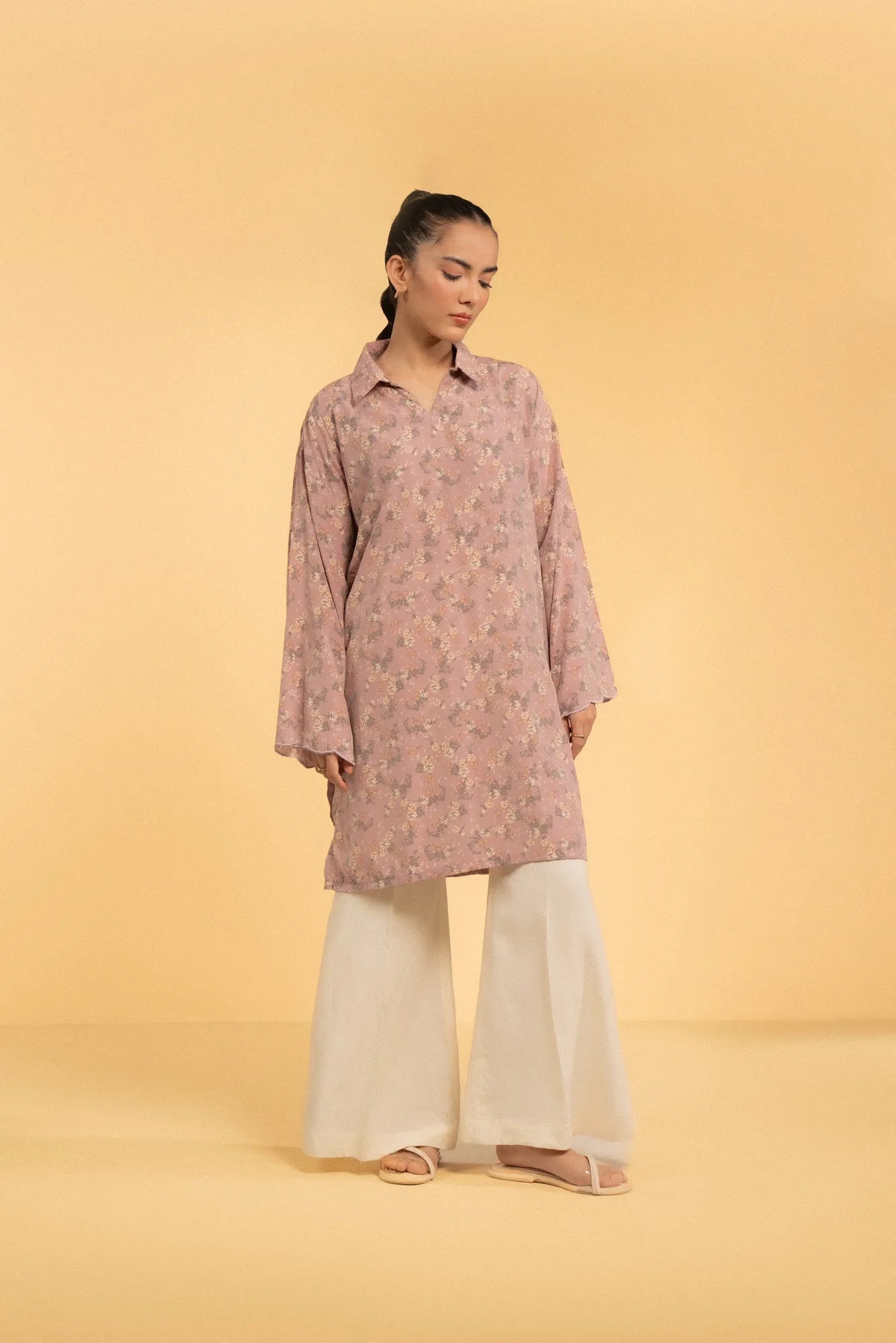 Pastel pink floral printed linen shirt with collared neckline