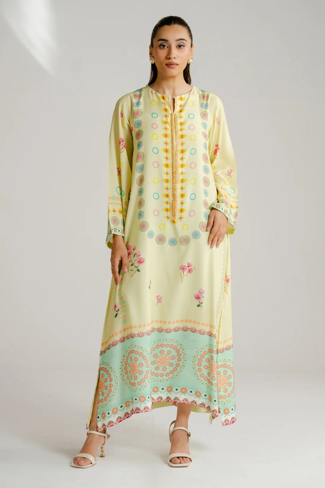 Pastel yellow printed raw silk kaftan women Beyond East Pakistan