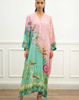 Pink and mint printed raw silk kaftan for women in a full front view
