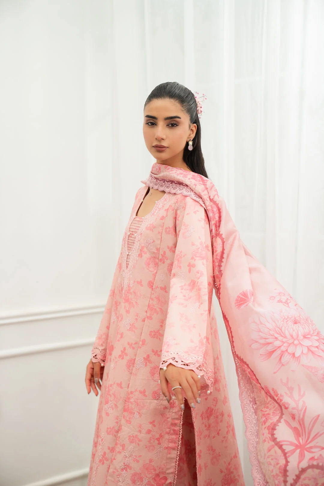 Pink floral printed 3 piece unstitched lawn suit side view summer casual wear Pakistan Meher Vol 2 2026