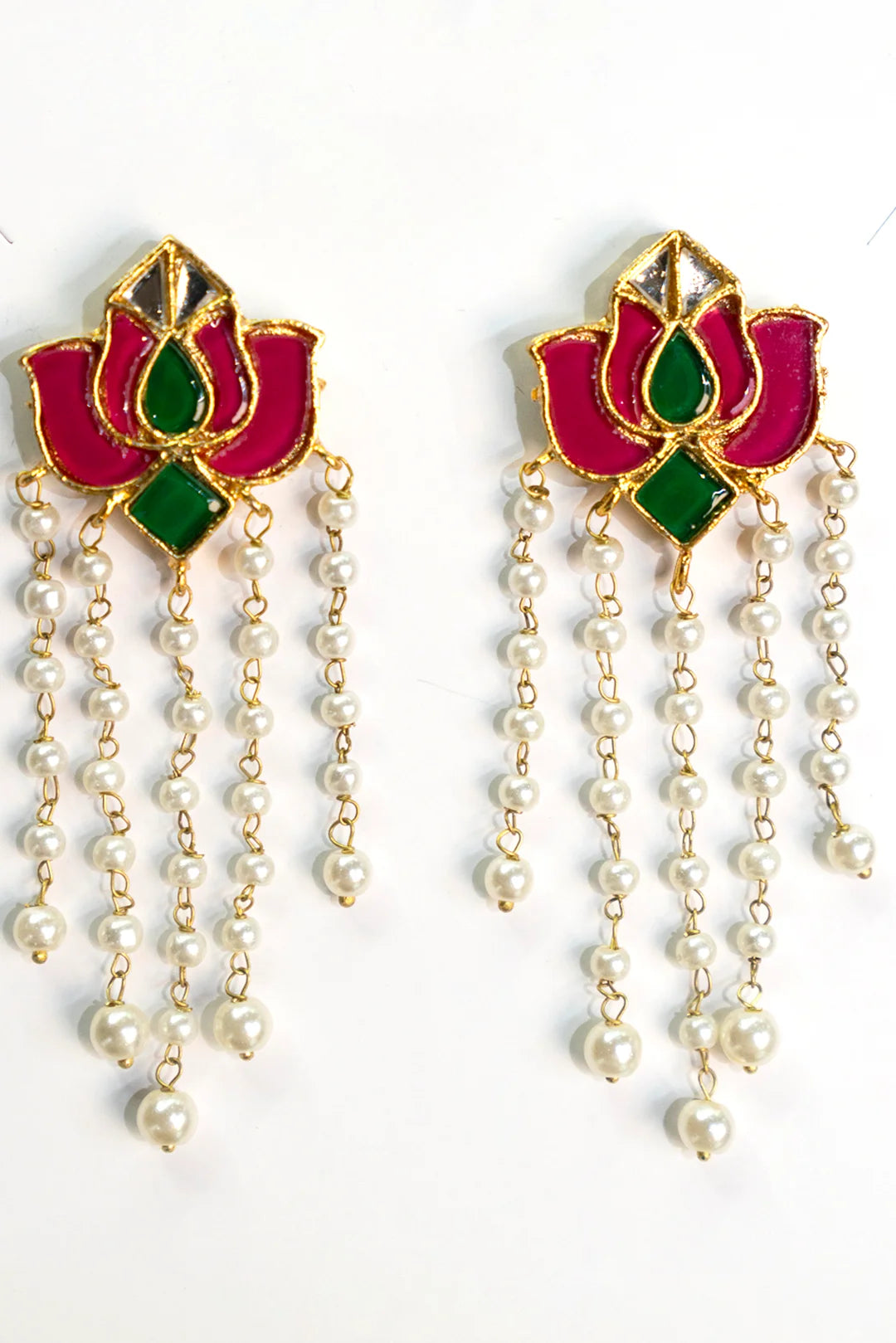 Pink lotus flower earrings with pearl drop strands mehndi bridal jewellery