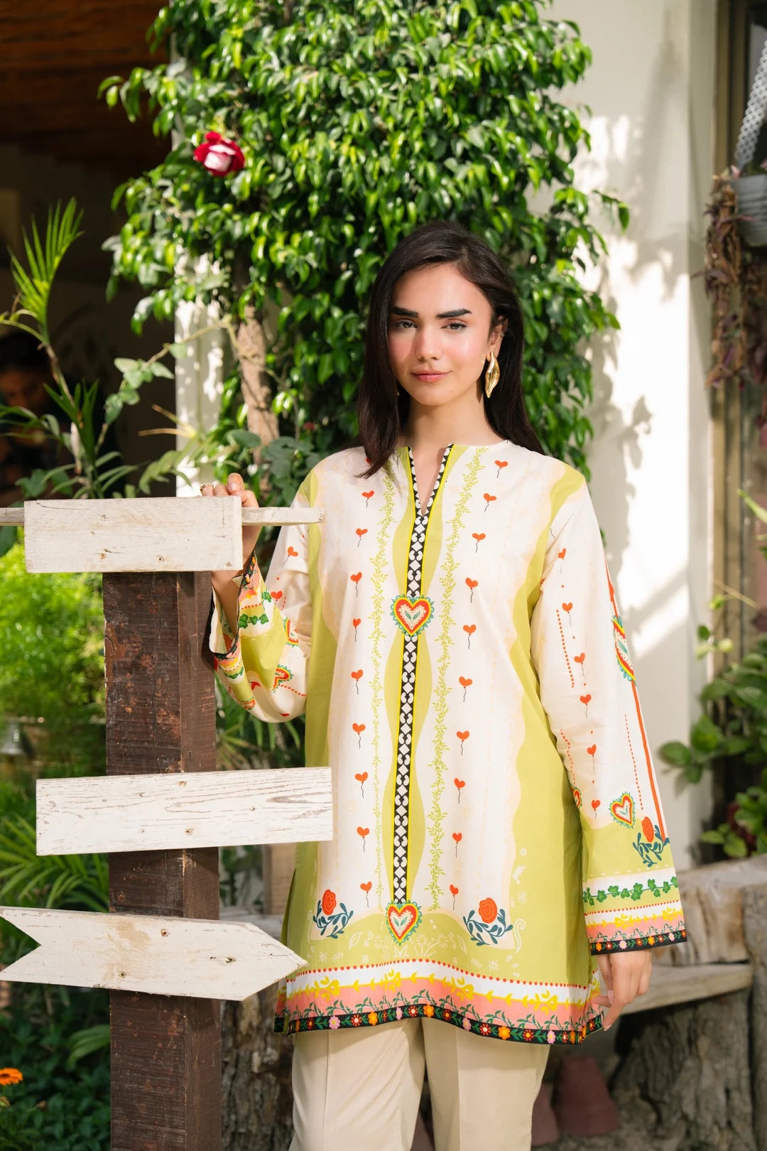 Pistachio printed cambric summer kurta for women front view