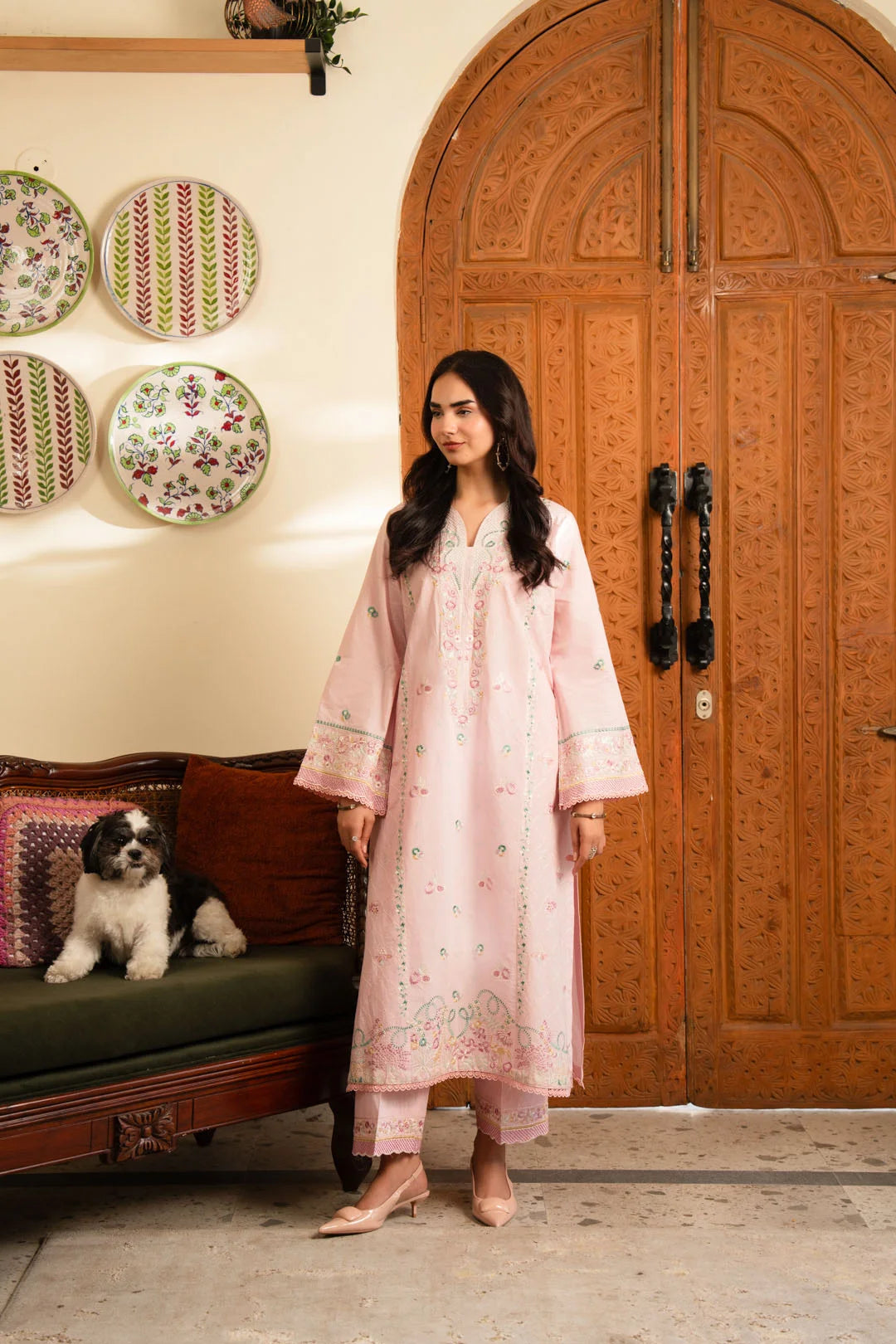 Powder pink embroidered lawn 2 piece pret set for women front view