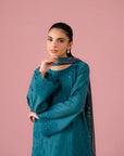 Premium 3-piece embroidered lawn ensemble with silk printed dupatta, tailored for fashion-forward women in Gujrat's Al-Falah Society