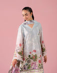 Premium sky pink 3-piece embroidered lawn suit featuring a digital printed shirt, cambric trousers, and chiffon dupatta, designed for women in Sargodha's upscale areas