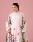 Premium unstitched 3 piece linen suit for women – elegant digital printed shirt with organza border, dyed trouser, and doriya dupatta, Pakistani ethnic suit online shopping in UK & USA