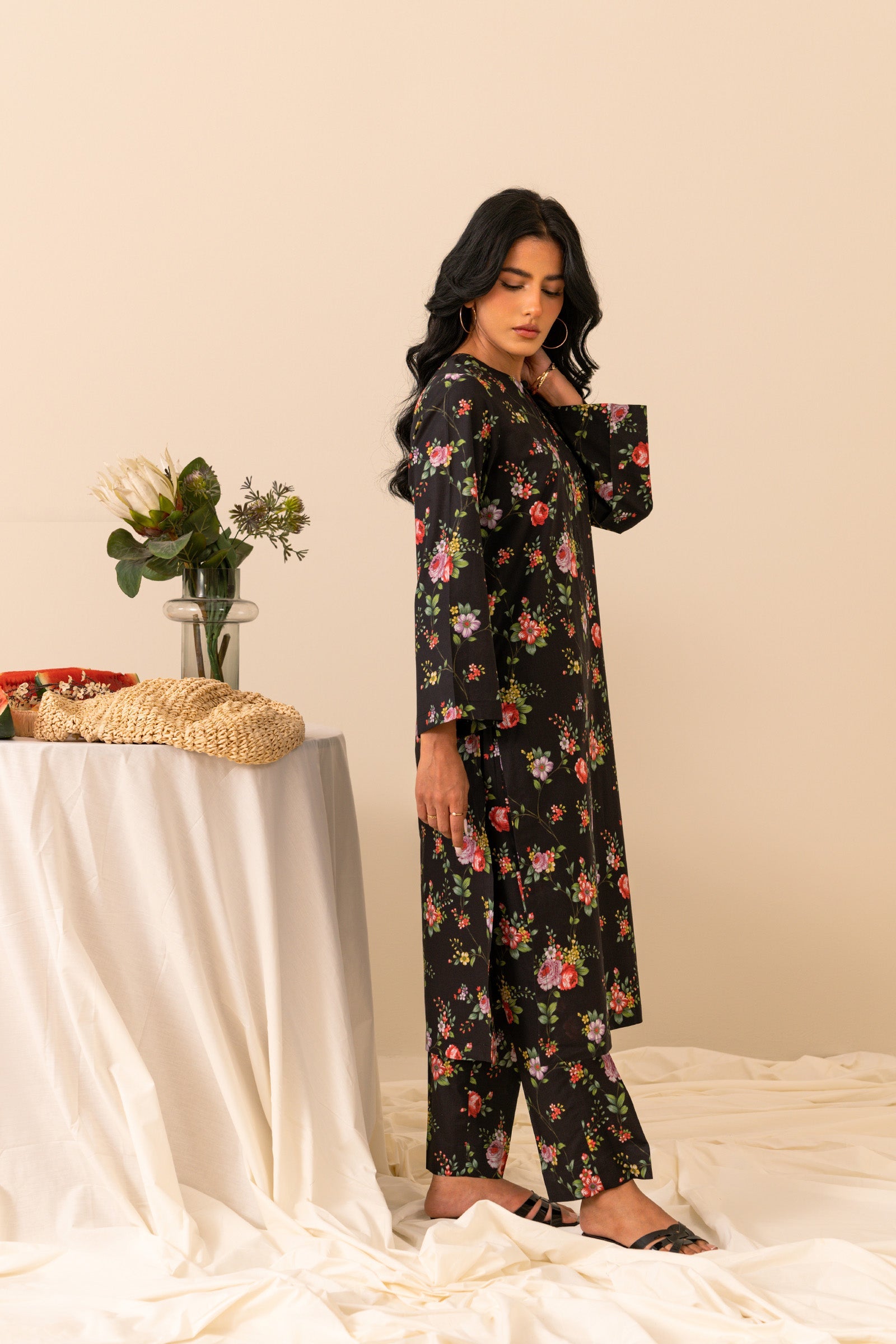 Printed black cambric shirt and trouser set, available online for effortless fashion shopping