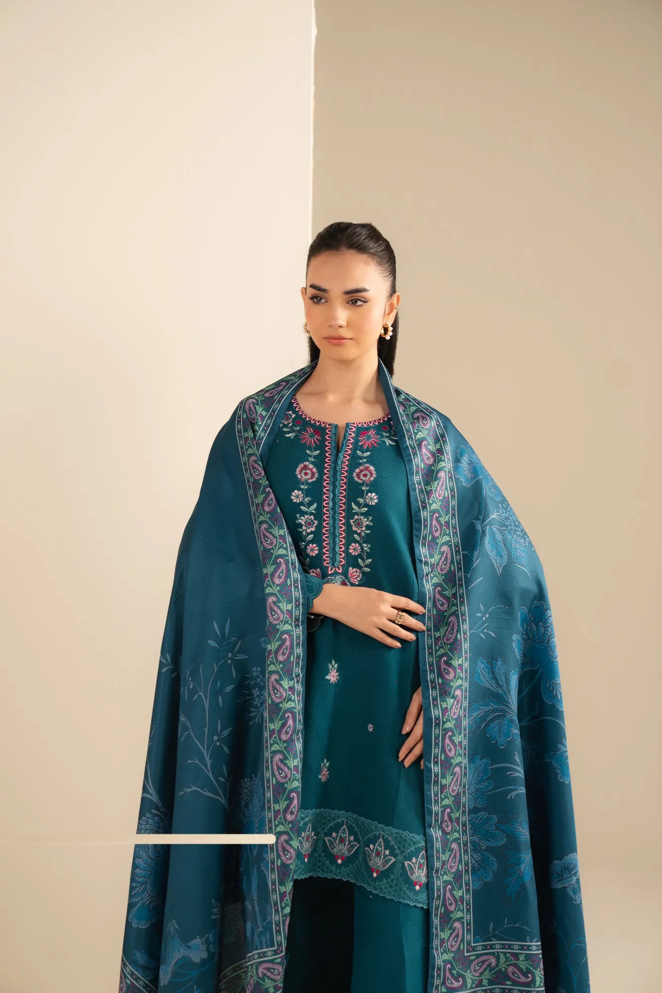 Printed shawl close-up paired with teal khaddar 3 piece suit