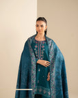 Printed shawl close-up paired with teal khaddar 3 piece suit