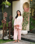 Printed silk co-ord set in blush pink for casual day wear