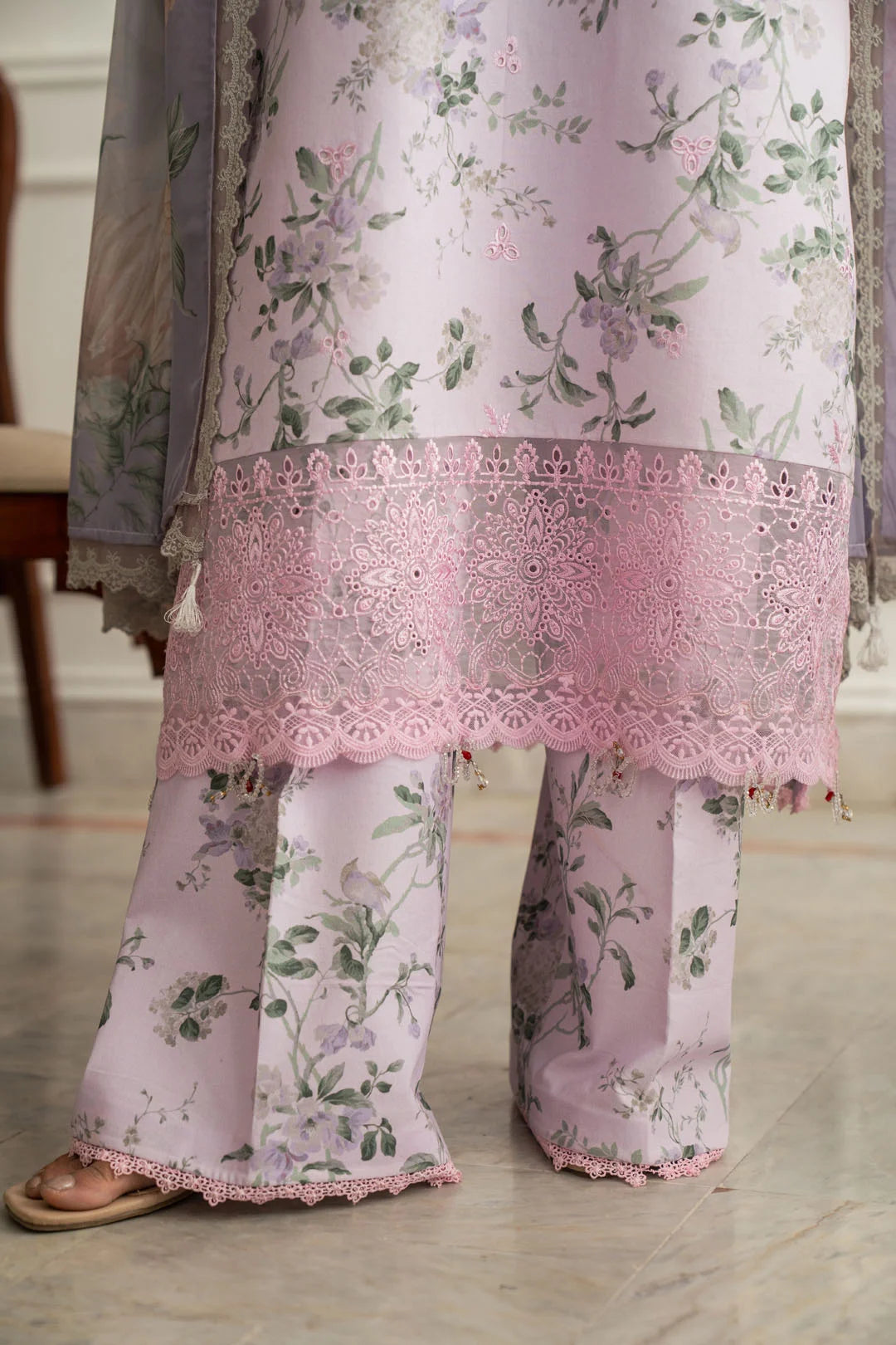 Printed silk dupatta lace border light purple 3 piece unstitched lawn suit Pakistan Beyond East 2026